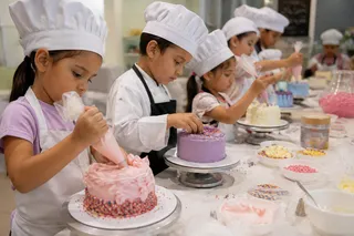 Niños decorando pequeños pasteles en una mesa de trabajo